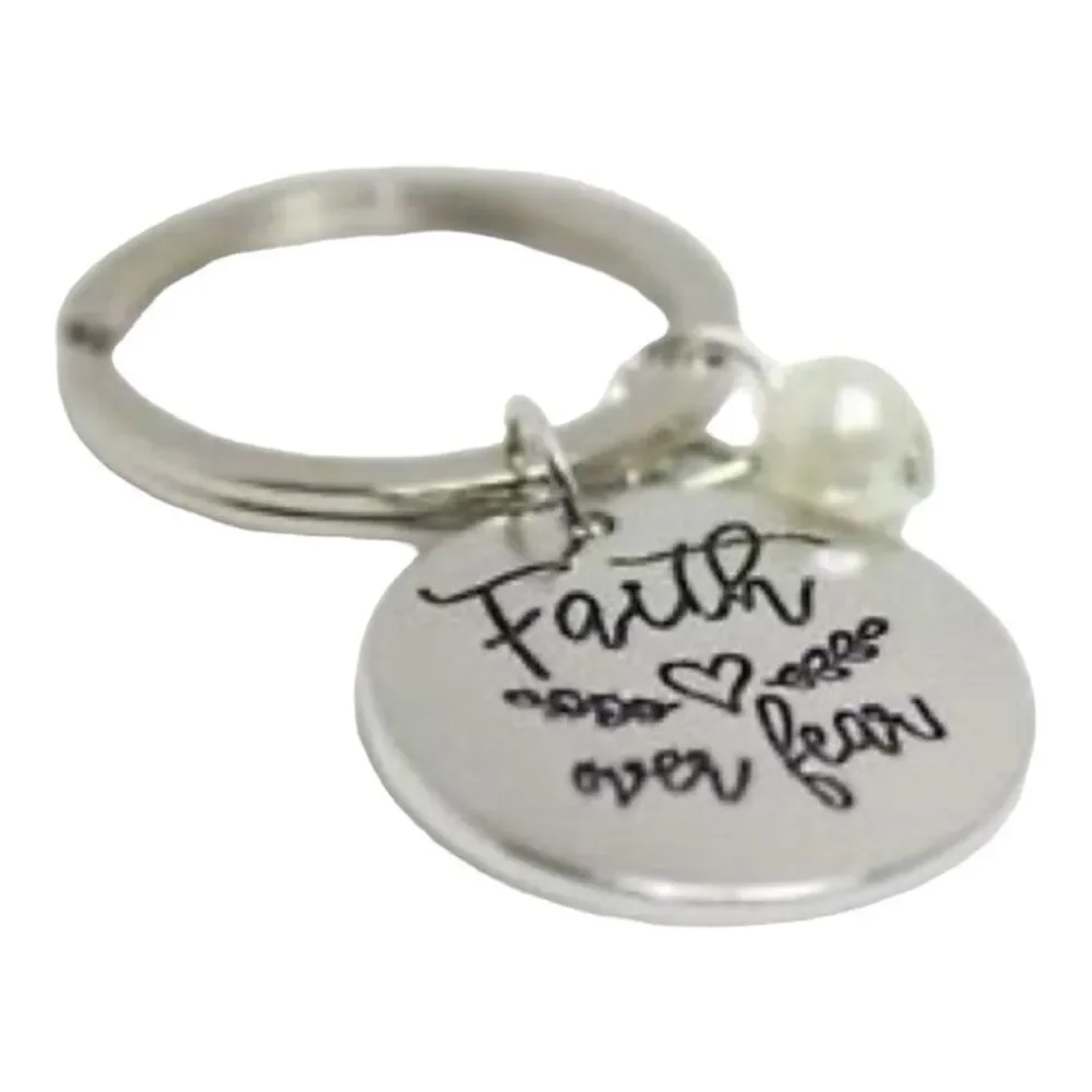 Brand New Boutique Hand Stamped .925 Faith Over Fear Silver Keychain